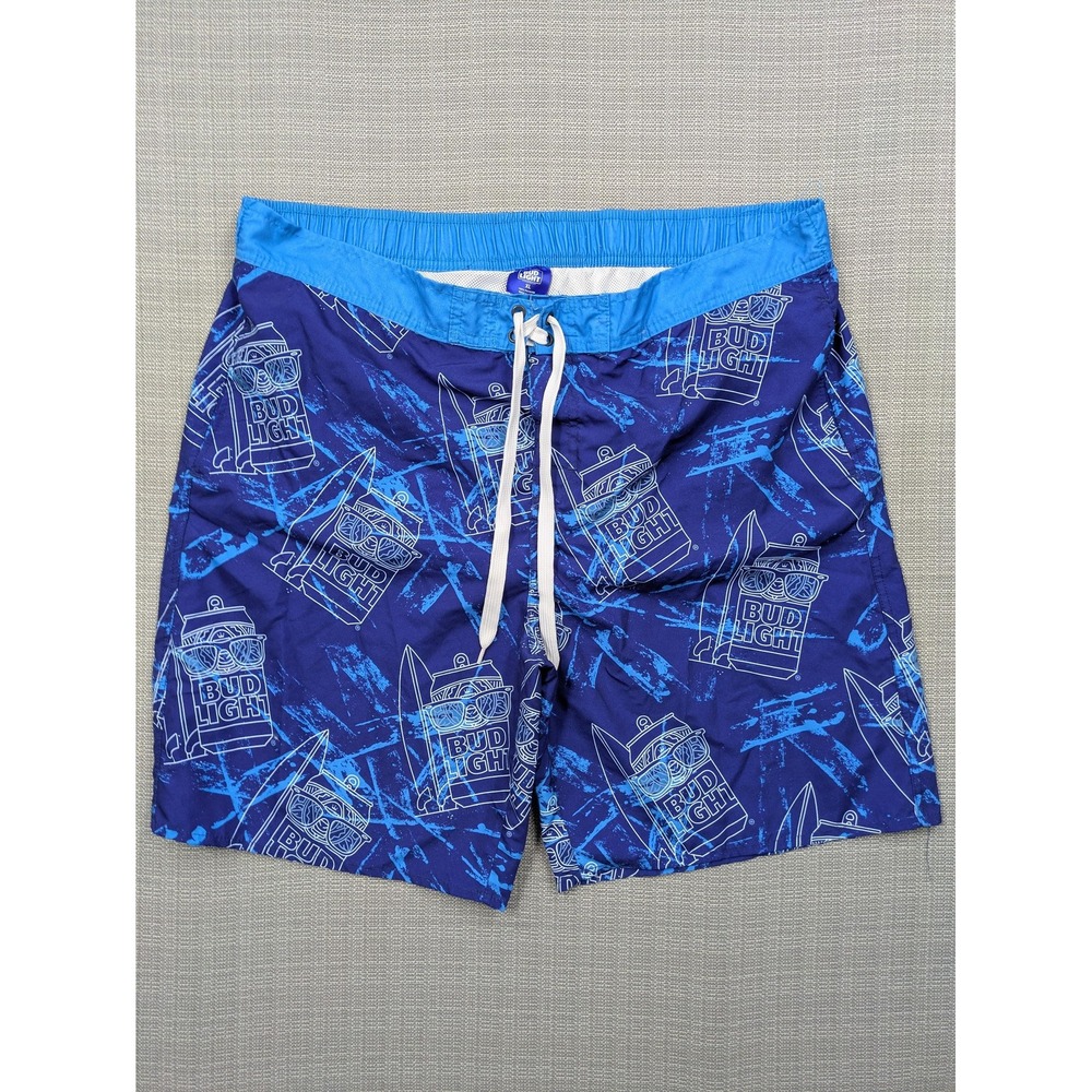 Bud Light Swim Shorts Mens XL Blue Beer Can Print Mesh Lined Drawstring 9 Inseam